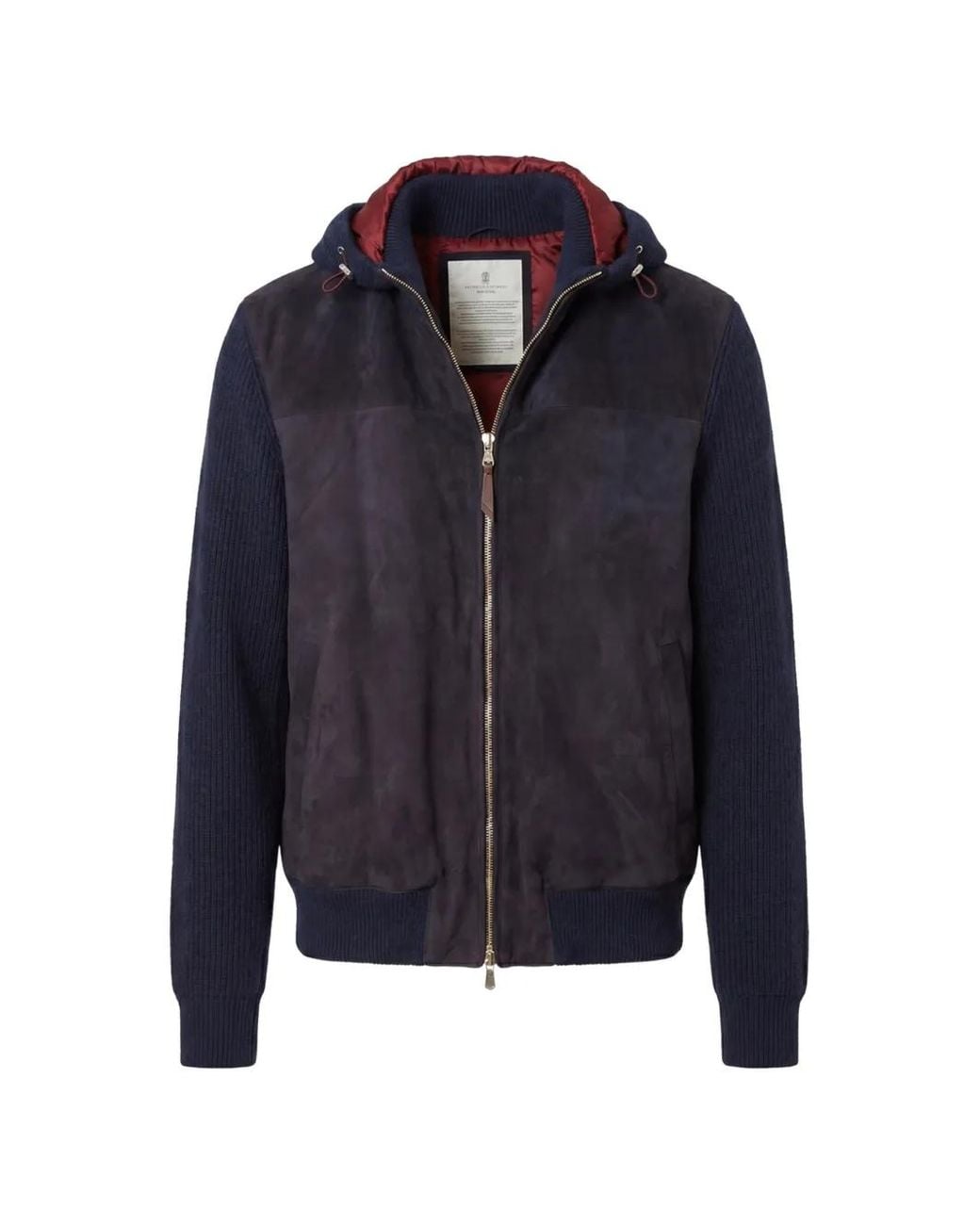 Brunello Cucinelli Blue Suede And Cashmere Knit Hooded Bomber Jacket With Thermore Padding for men