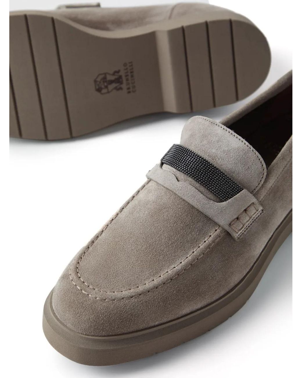 Brunello Cucinelli Gray Crystal-Embellished Penny Loafer Light
