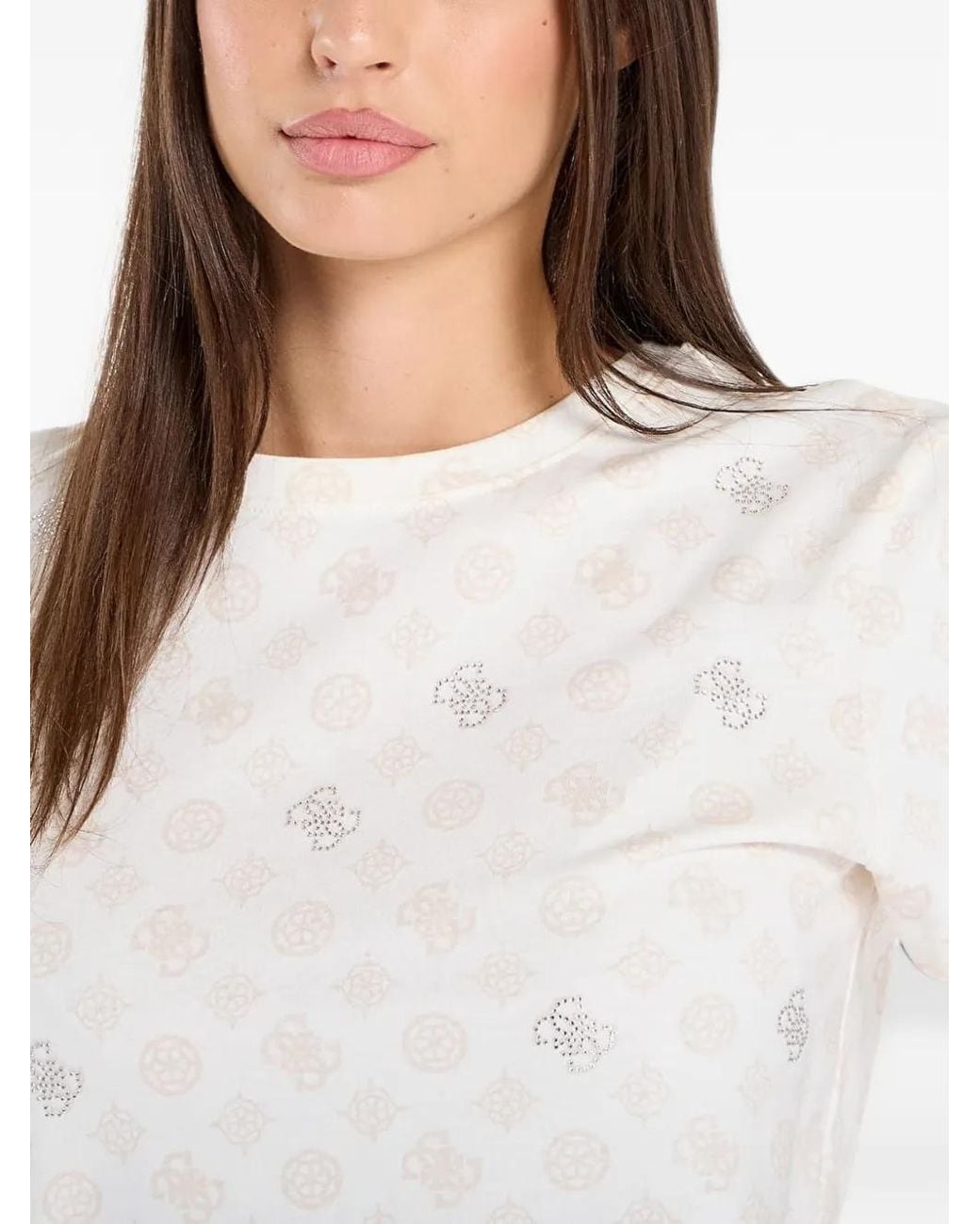 Guess White T-Shirt À Imprimé Monogrammé Et Strass