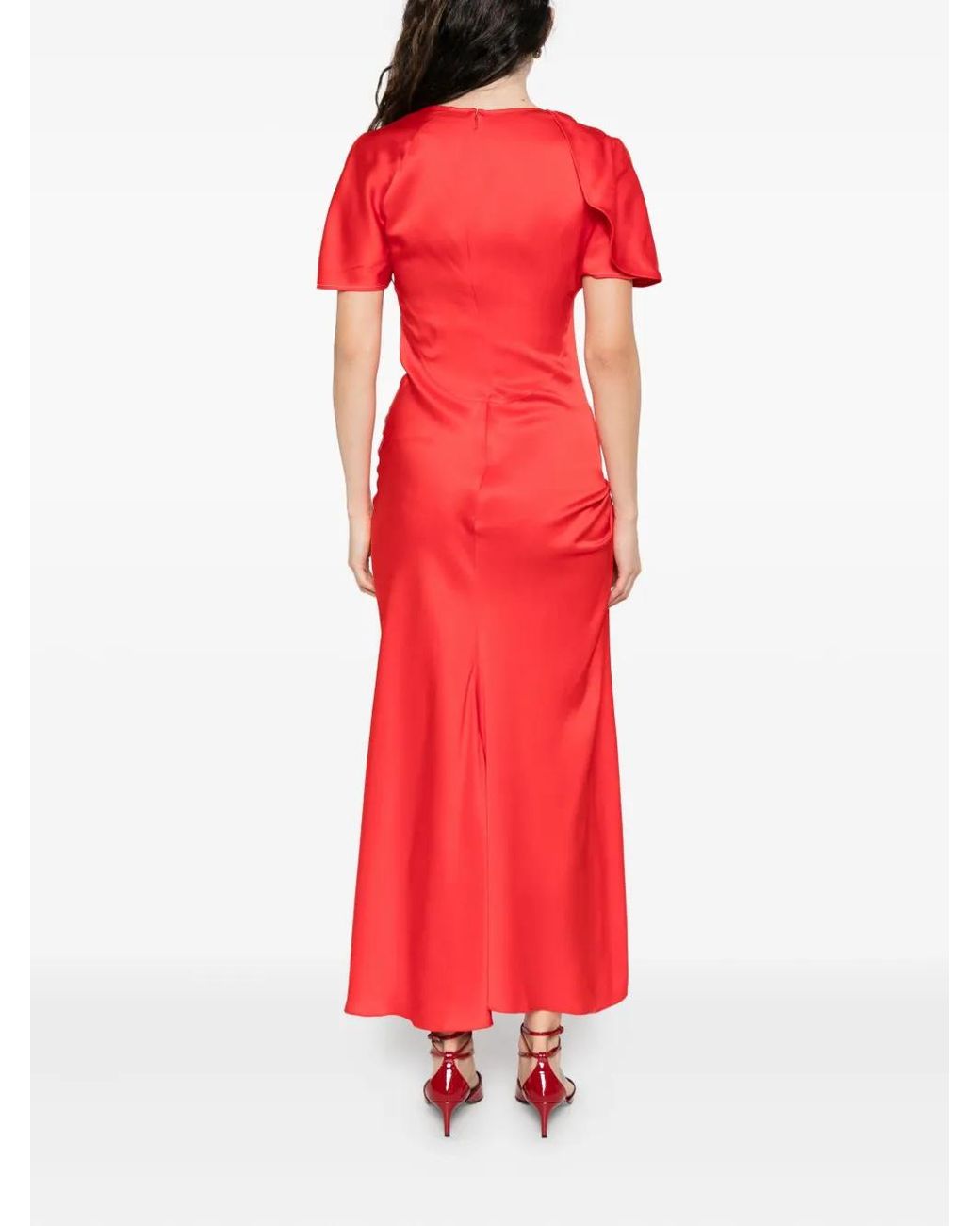 Victoria Beckham Red Draped-Shoulder Midi Dress