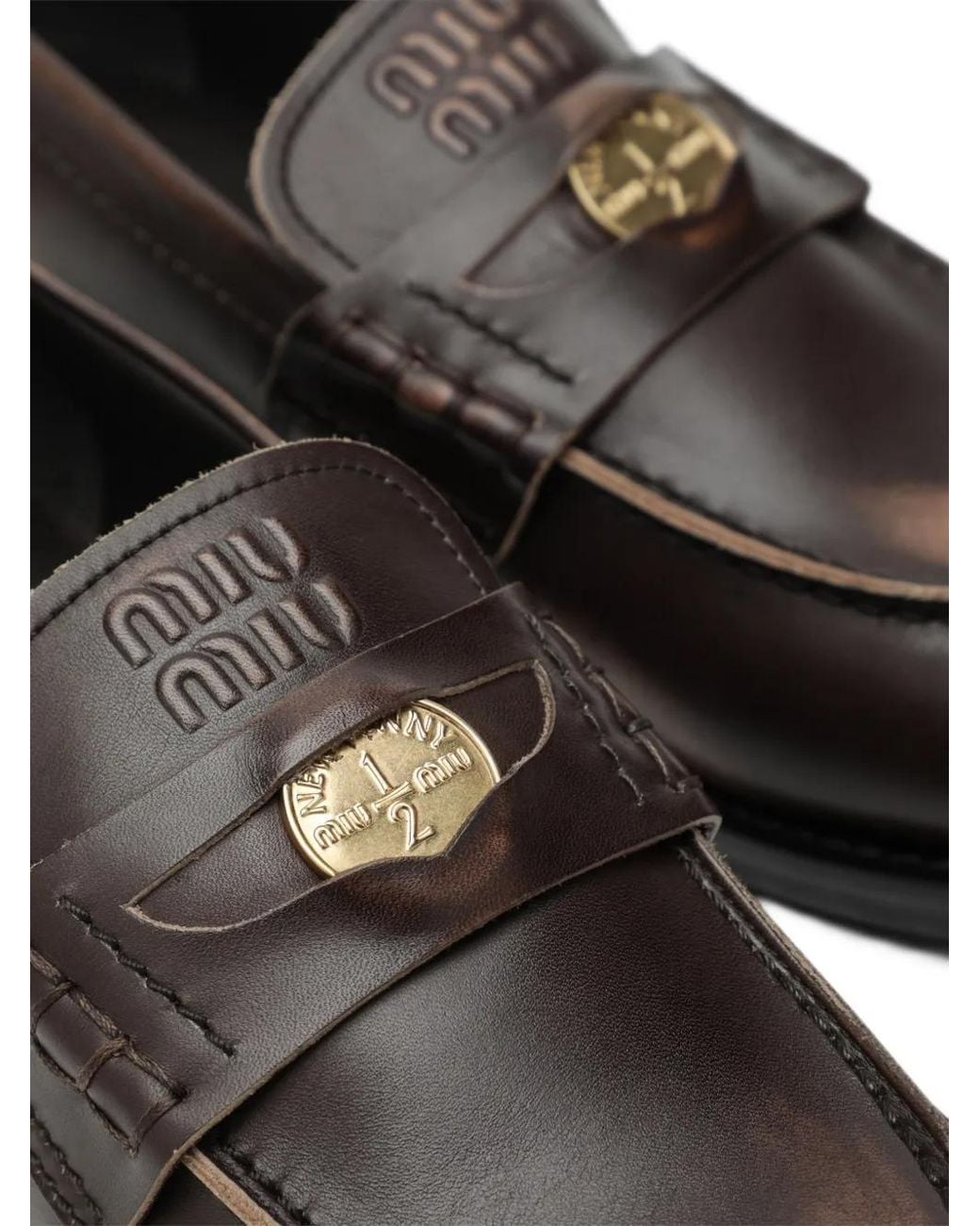 Miu Miu White Vintage-Effect Leather Penny Loafers