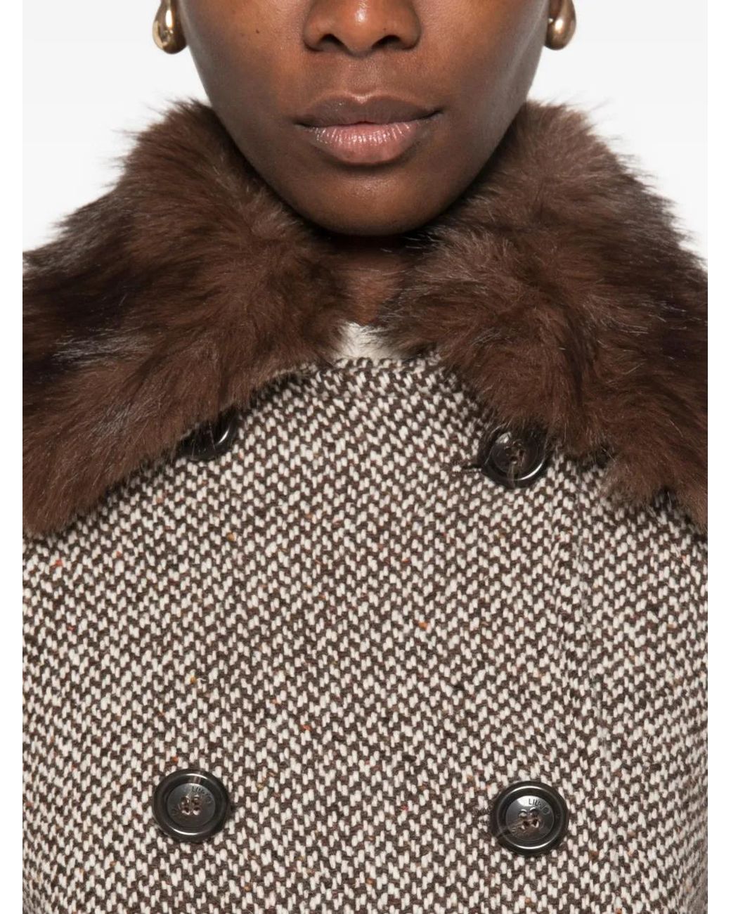 Liu Jo Brown Manteau Mi-Long À Col En Fourrure Artificielle