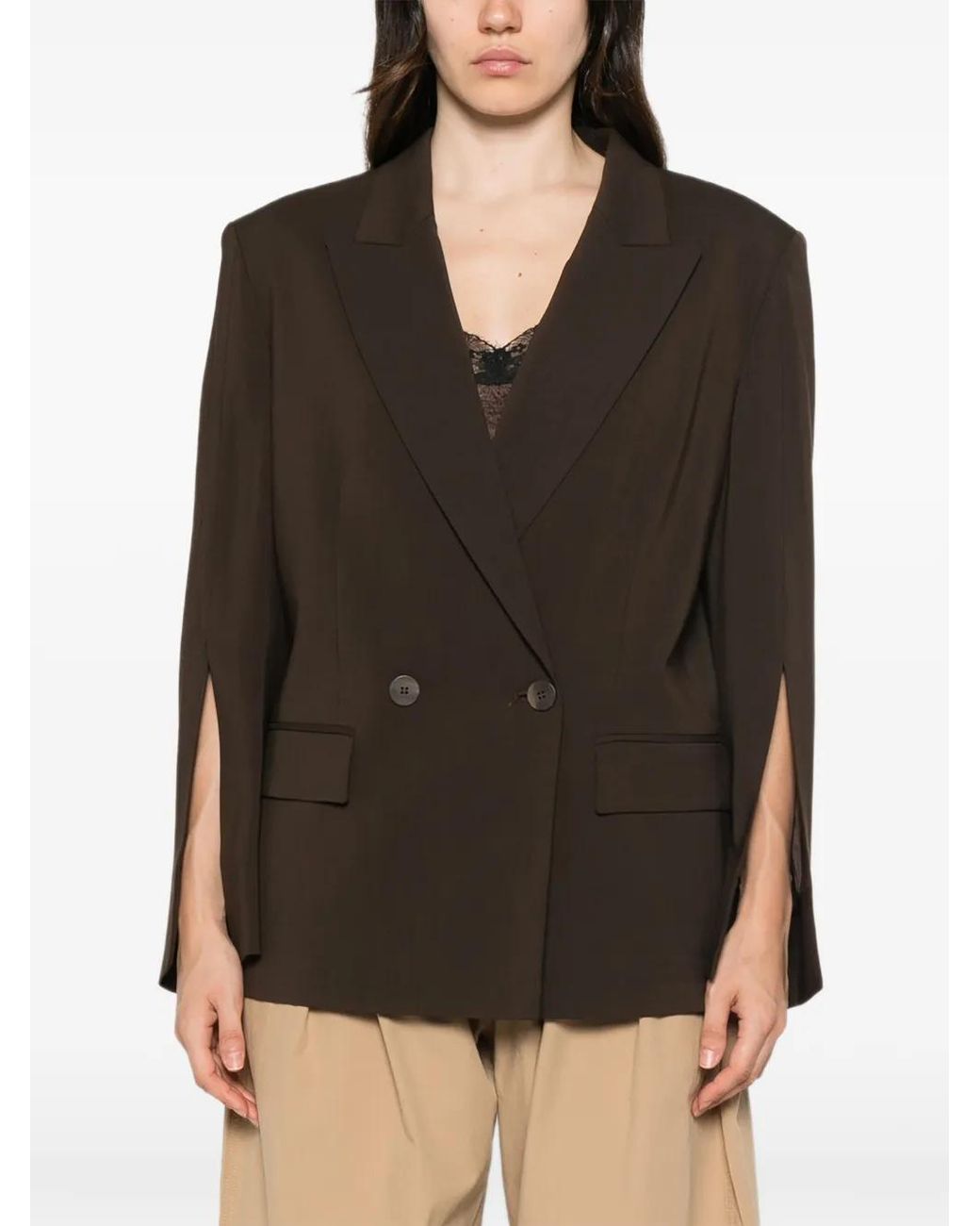 Twinset Brown Split-Sleeve Double-Breasted Blazer