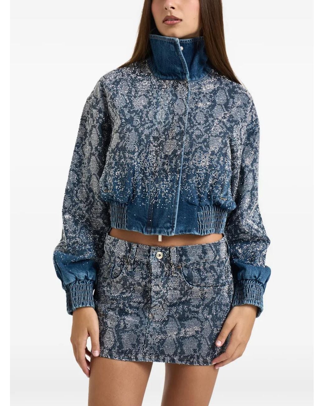 Liu Jo Blue Rhinestone-Embellished Snakeskin-Print Jacket