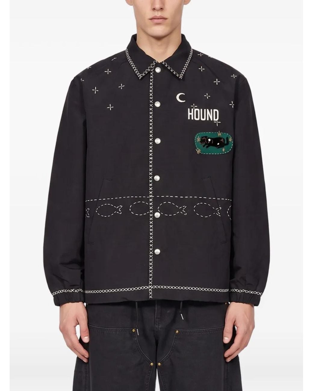 KHOKI Black Embroidered Logo-Print Shirt Jacket for men
