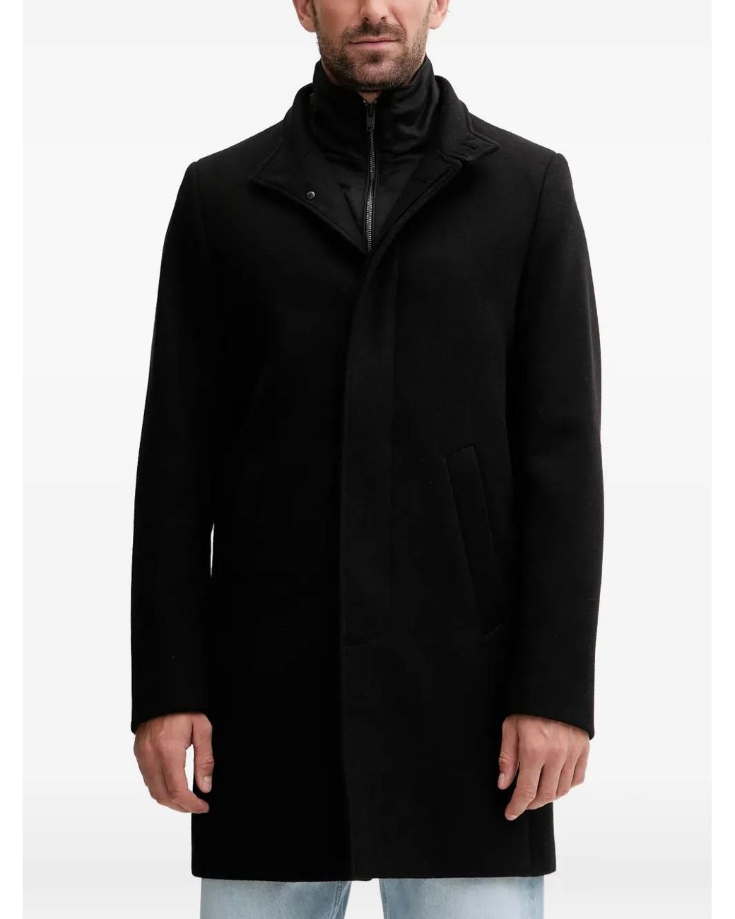Lindbergh Black Funnel-Neck Button Coat for men