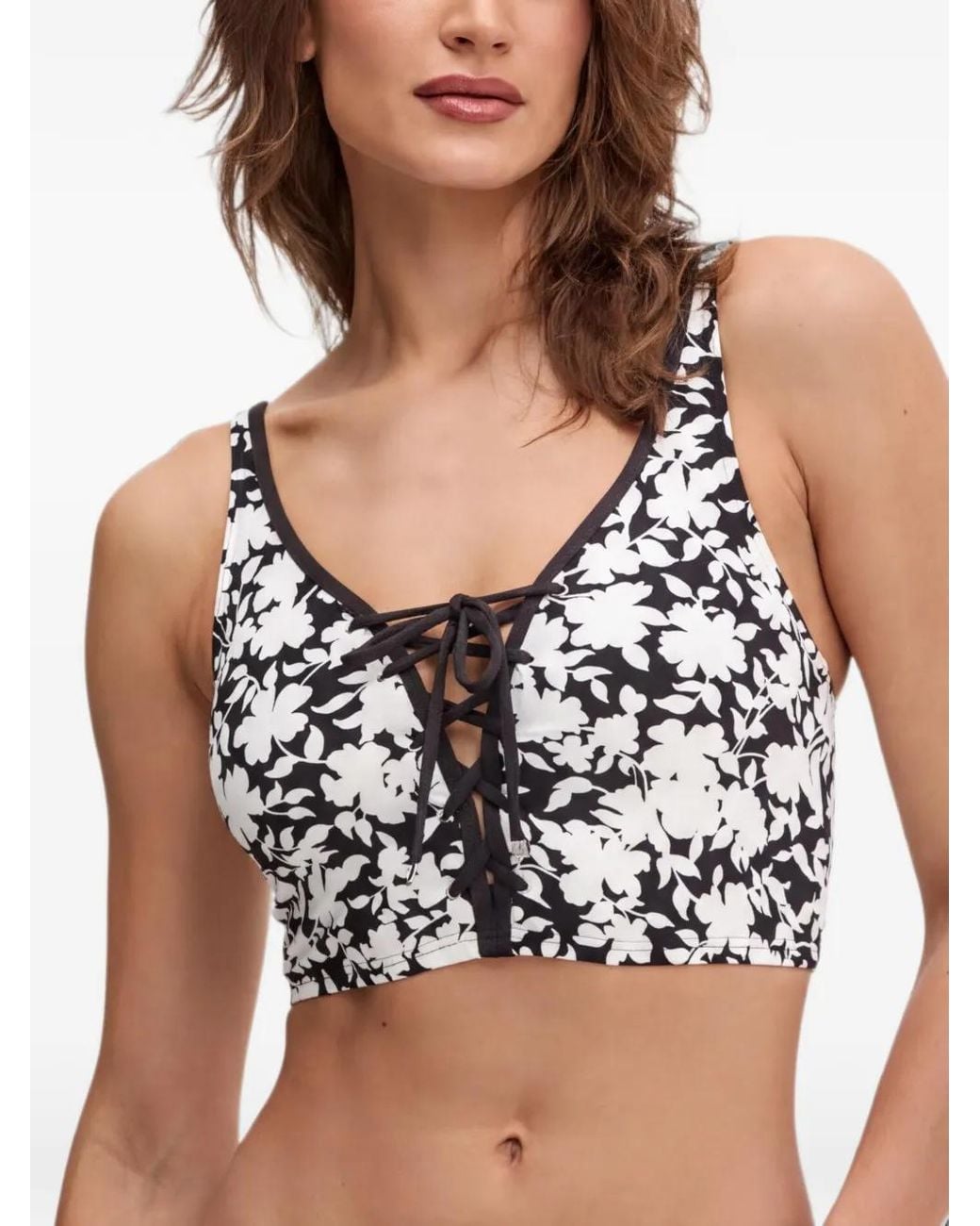 MICHAEL Michael Kors Black Floral-Print Lace-Up Bikini Top