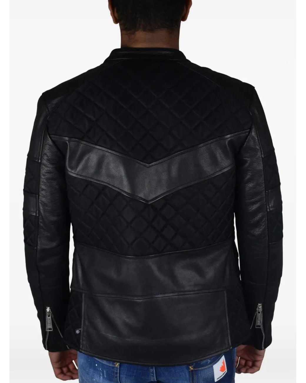 Philipp Plein Black Quilted Leather Biker Jacket for men