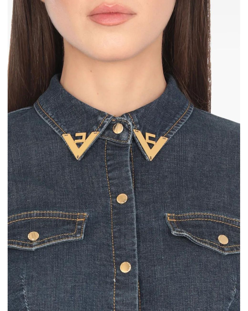 Elisabetta Franchi Blue Cropped-Collar Denim Top