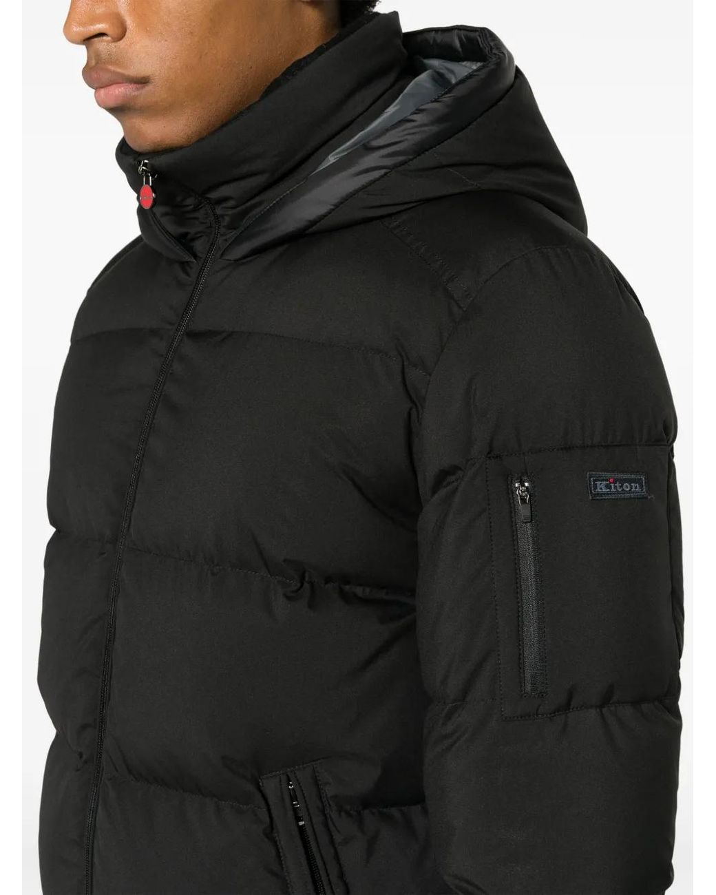 Kiton Black Logo-Patch Quilted Hooded Jacket for men