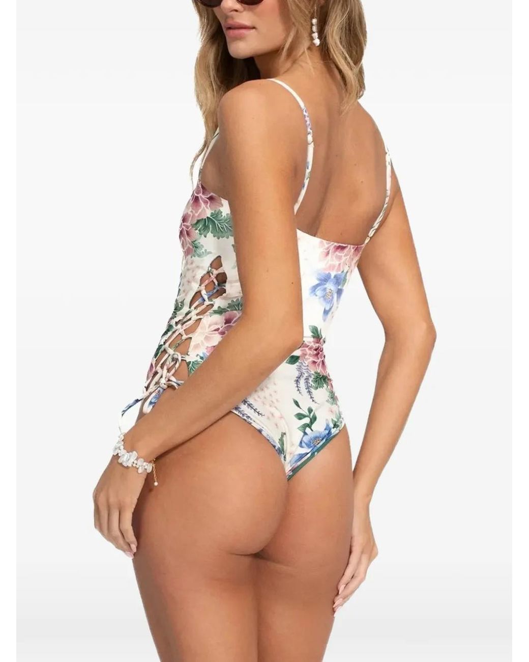 Agua Bendita White Nader Floral-Print Lace-Up Swimsuit