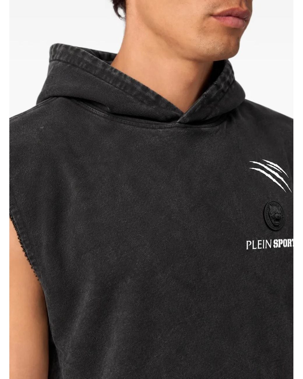 Philipp Plein Black Washed Fleece Hoodie Vest for men