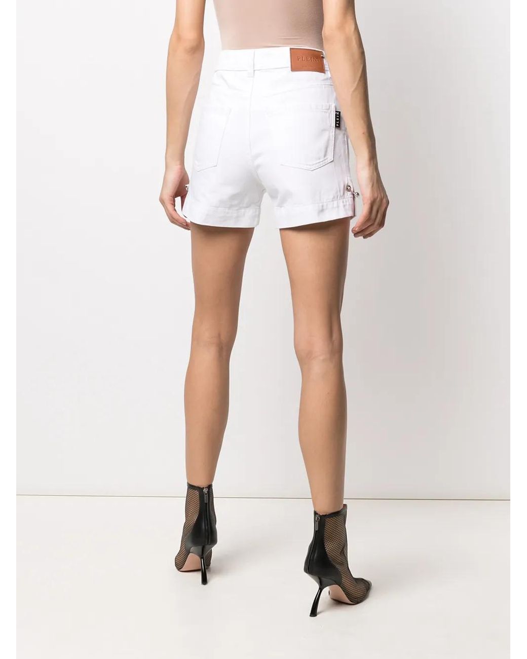 Philipp Plein White Safety-Pin Denim Shorts
