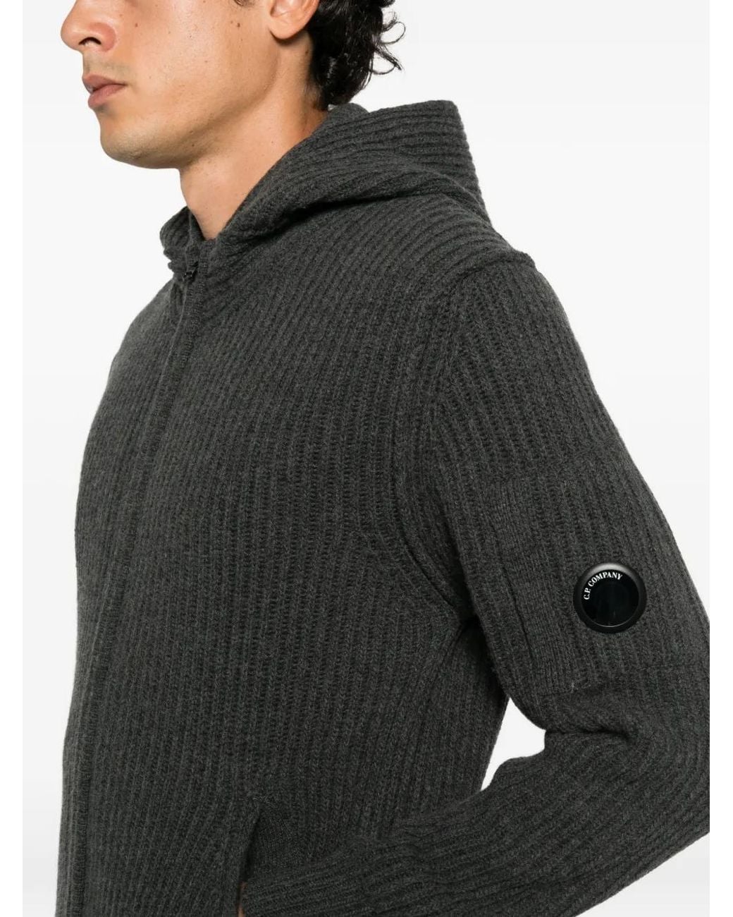 C P Company Black Ribbed-Knit Hoodie for men