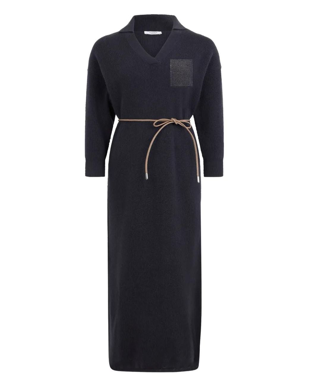 Peserico Blue V-Neck Ribbed Maxi Dress