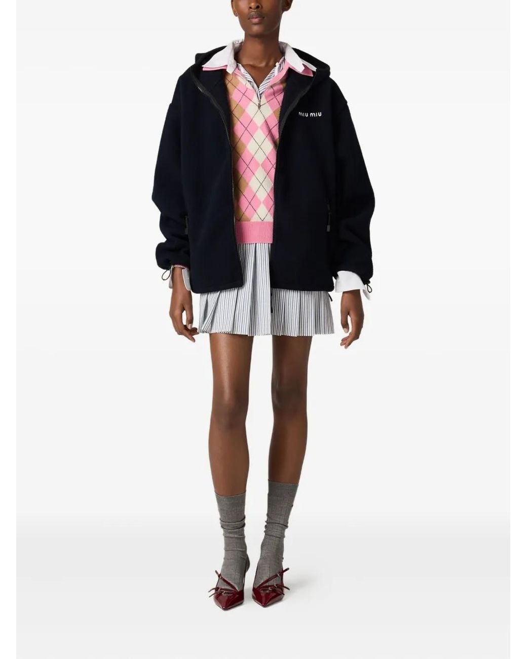 Miu Miu Hooded Fleece Zip-Up Jacket in Black | Lyst