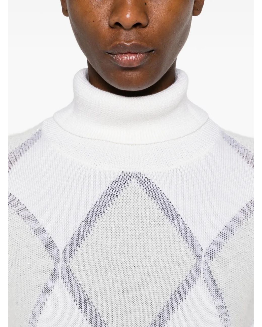 Peserico White Argyle Roll-Neck Sweater