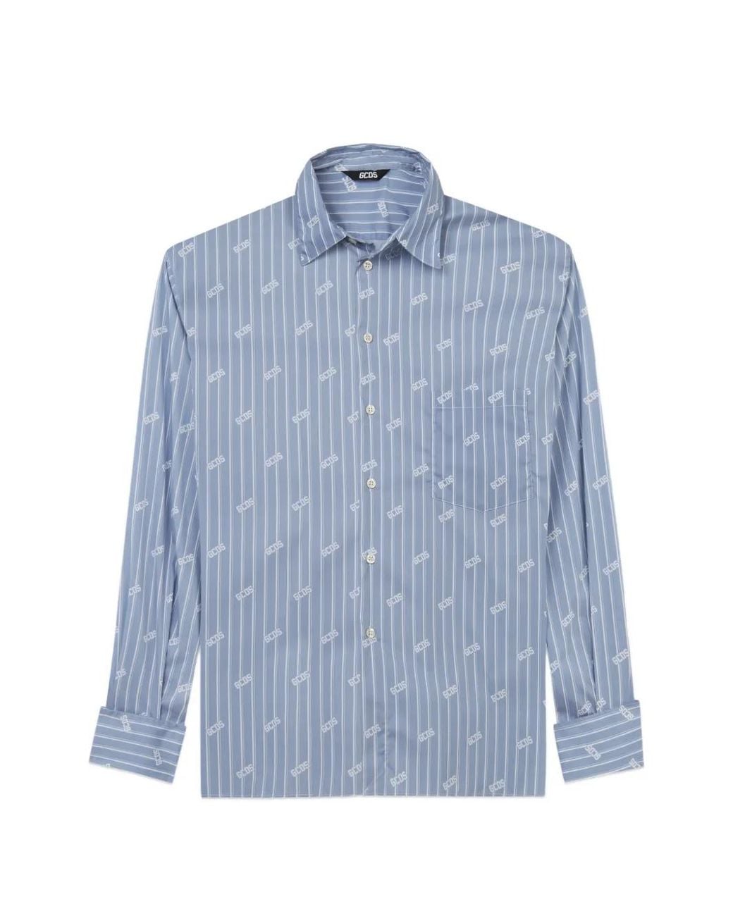 Gcds Blue Pinstripe Logo-Pattern Shirt for men