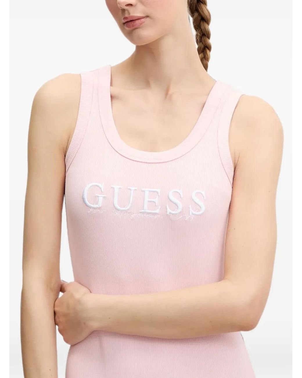 Guess Pink Sunflower Ribbed Logo-Embroidered Mini Dress