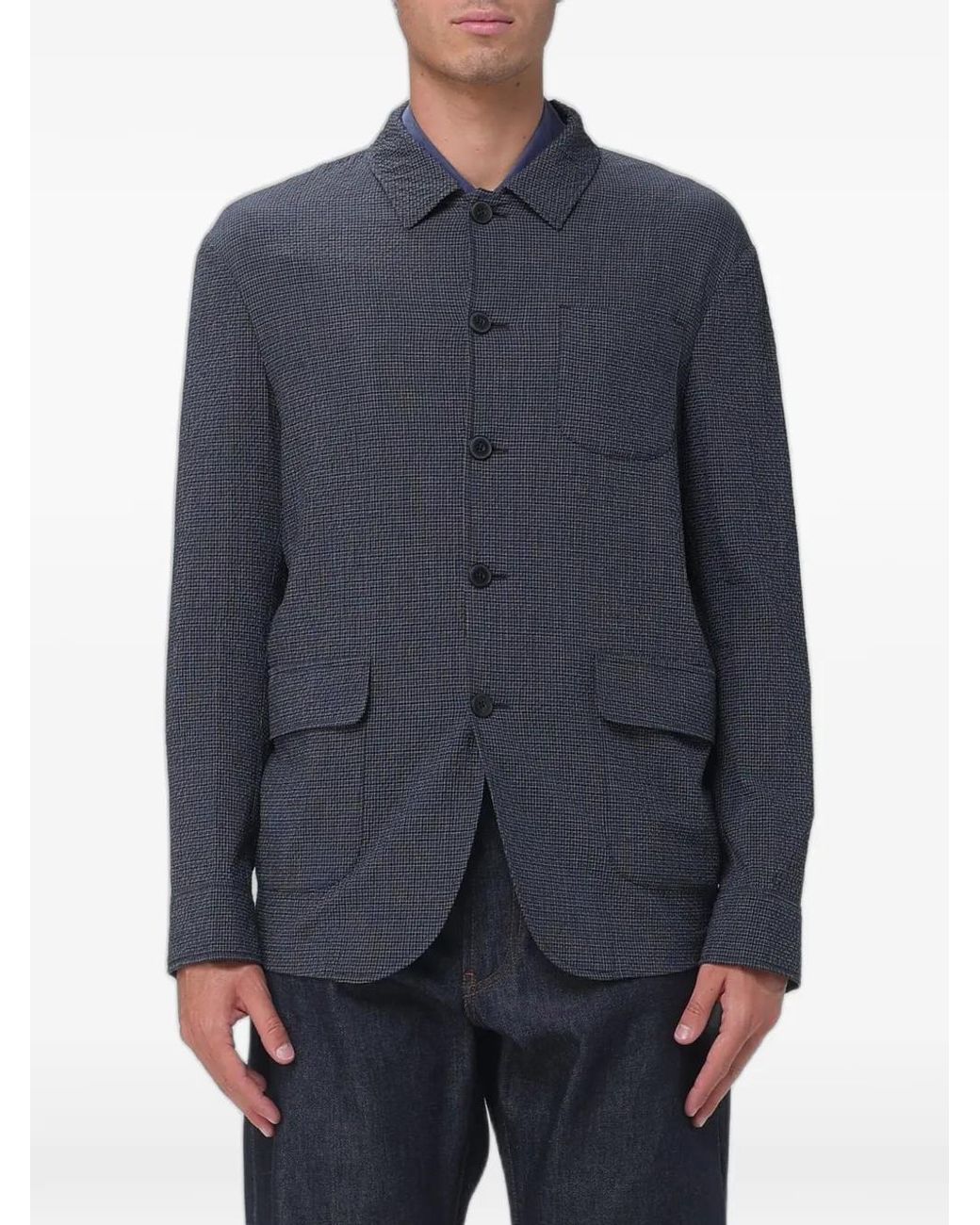 Emporio Armani Blue Check-Pattern Single-Breasted Blazer for men