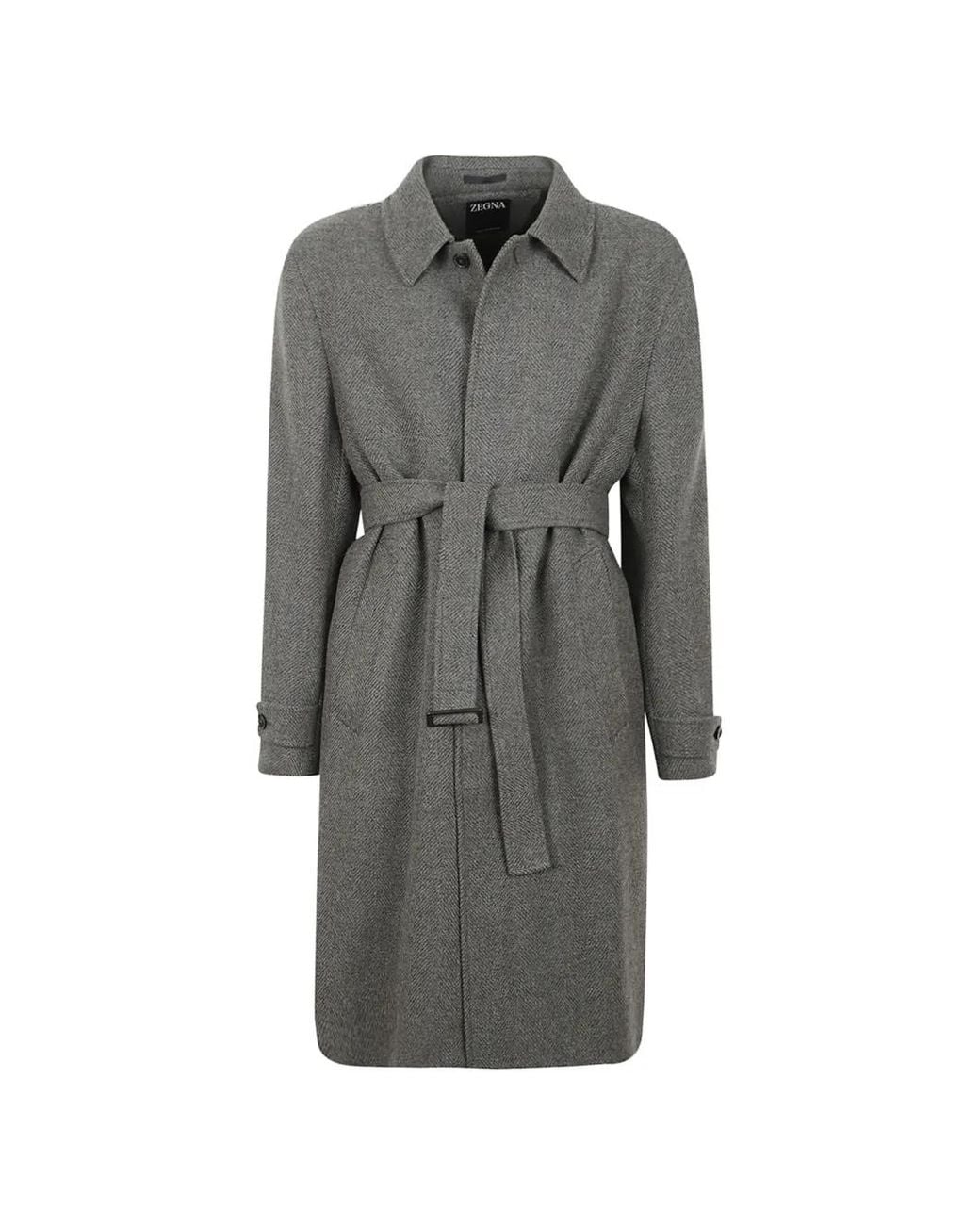 Zegna Gray Herringbone Belted Coat for men