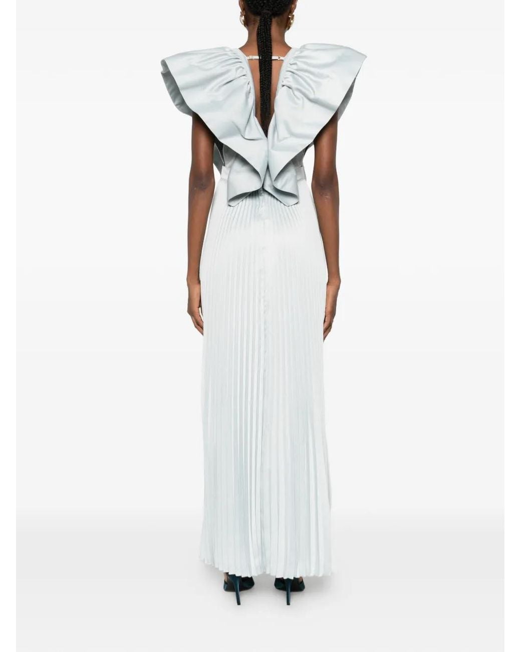 L'idée White Ventoux Ruffled V-Neck Gown