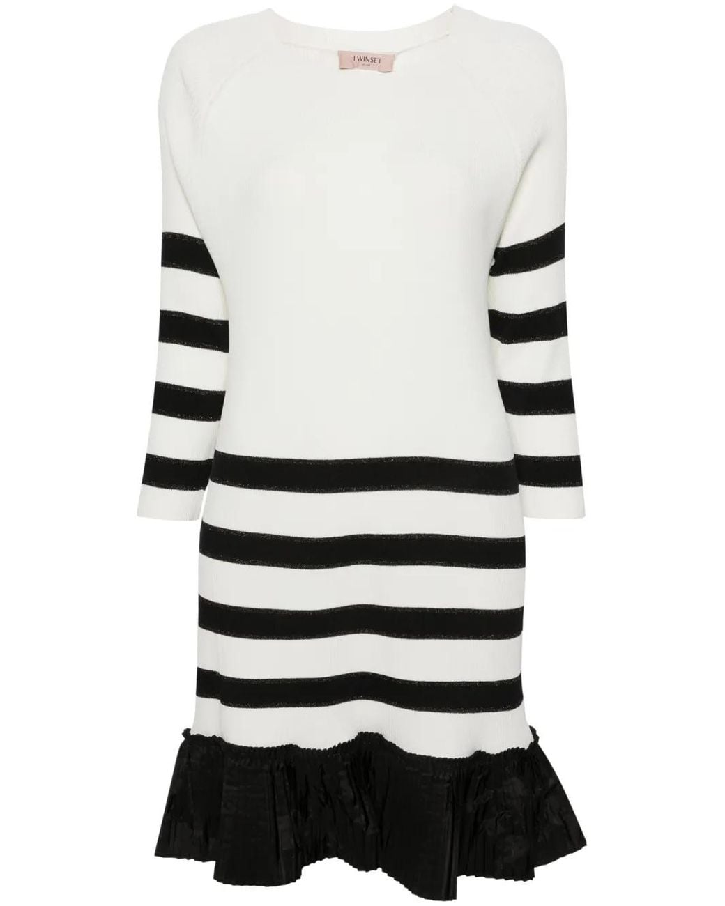 Twinset White Stripe-Print Flounce-Hem Dress