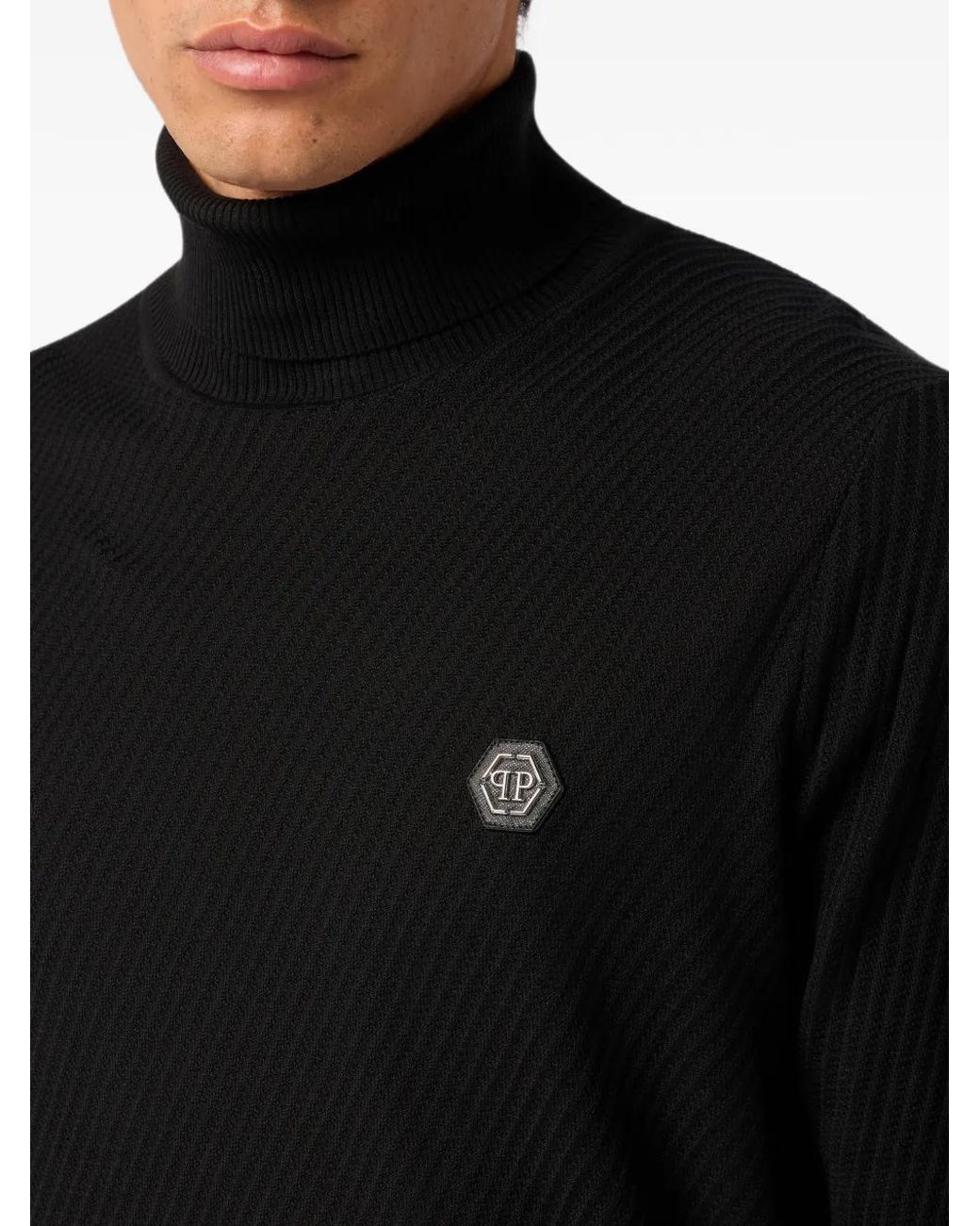 Philipp Plein Black Knitted Turtleneck Pullover Wool-Silk Blend for men