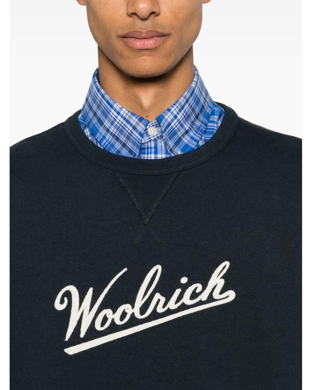 Woolrich Blue Embroidered-Logo Cotton T-Shirt for men