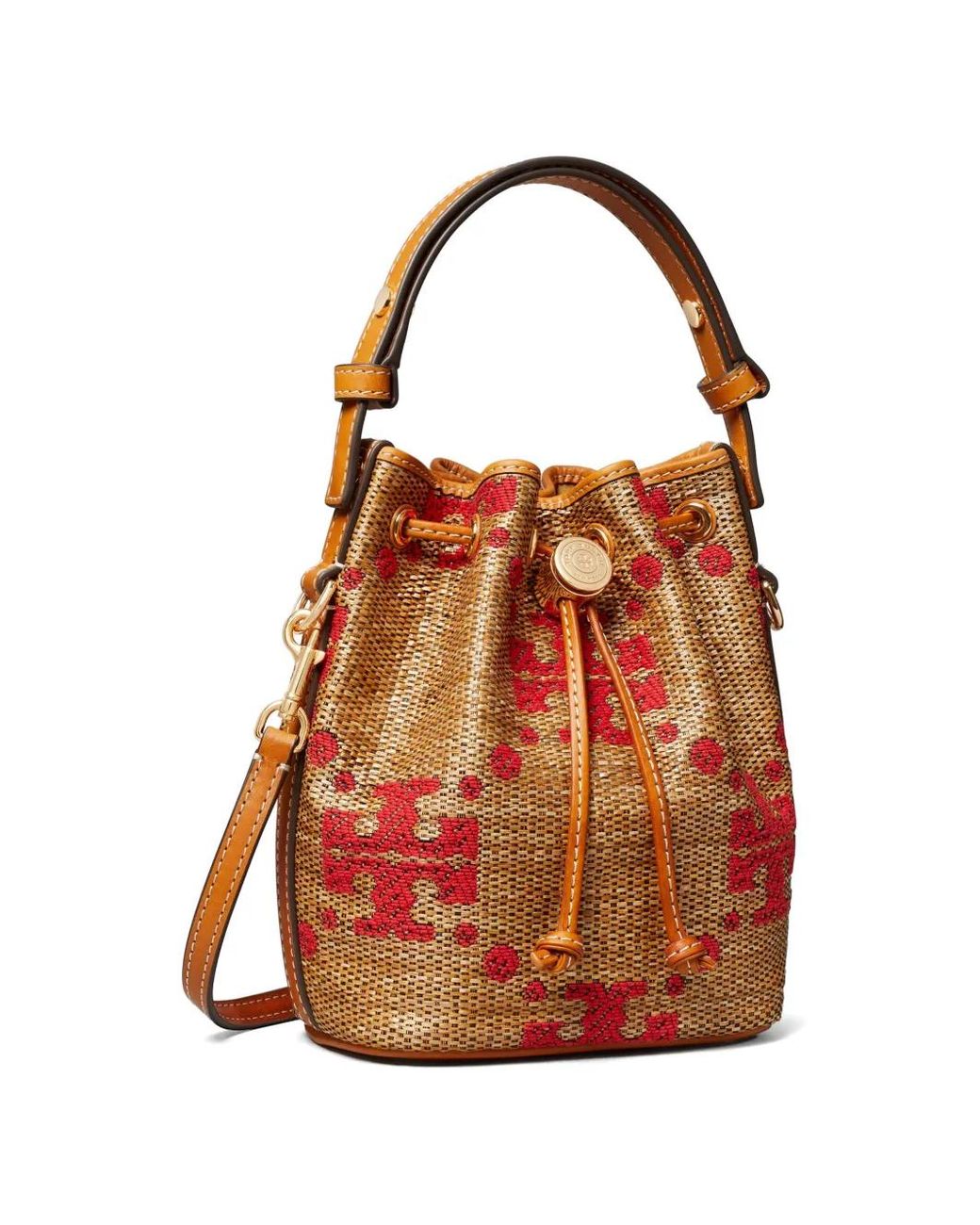 Tory Burch Natural T Monogram Straw Mini Bucket Bag