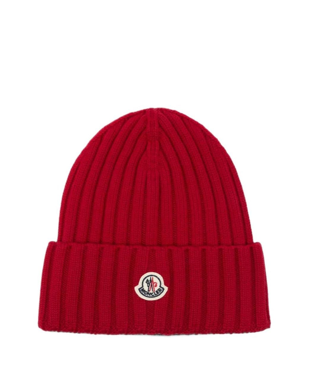 Moncler Red Logo-Patch Ribbed-Knit Beanie Hat