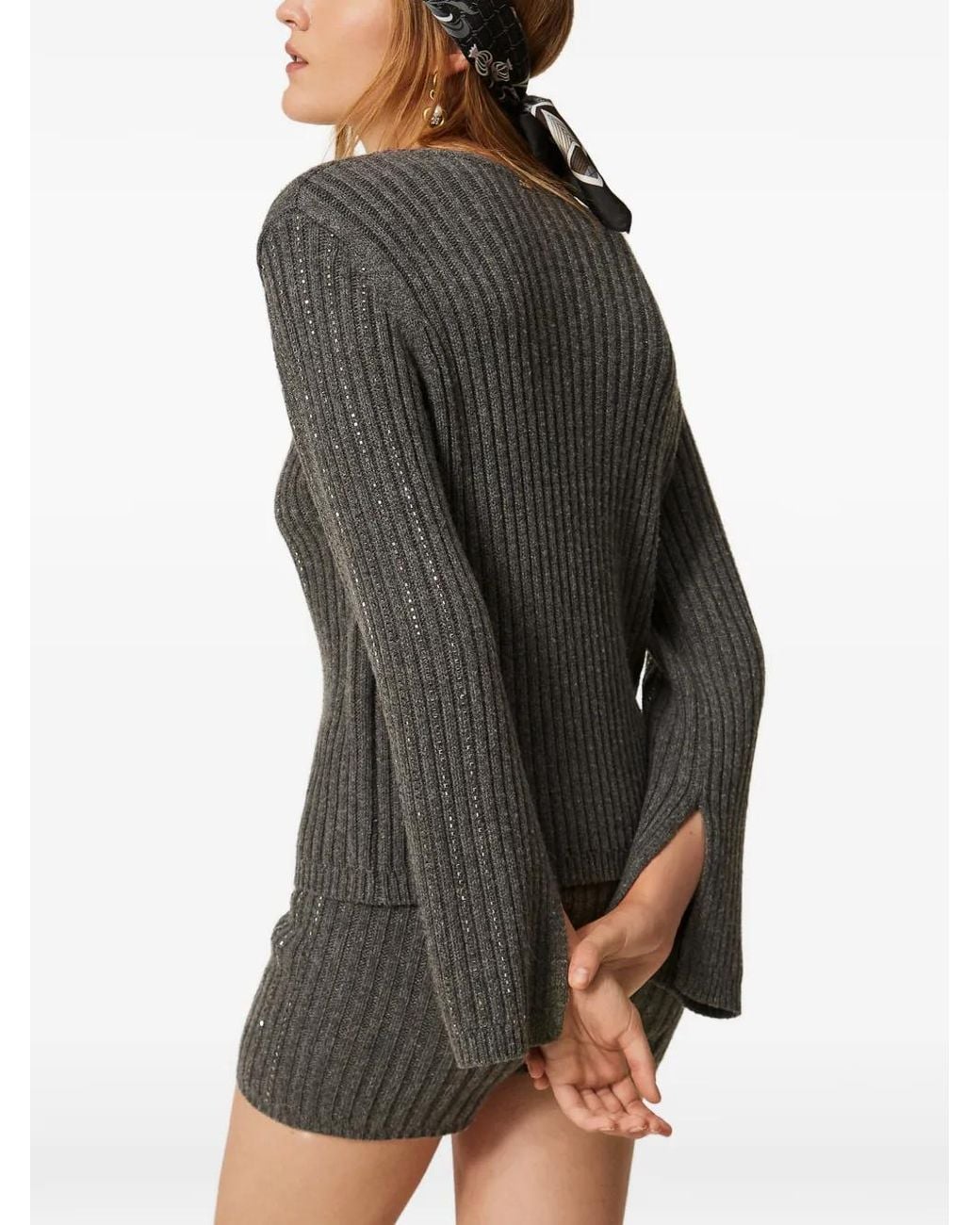 Twinset Gray Pull En Maille Côtelée À Détails De Strass