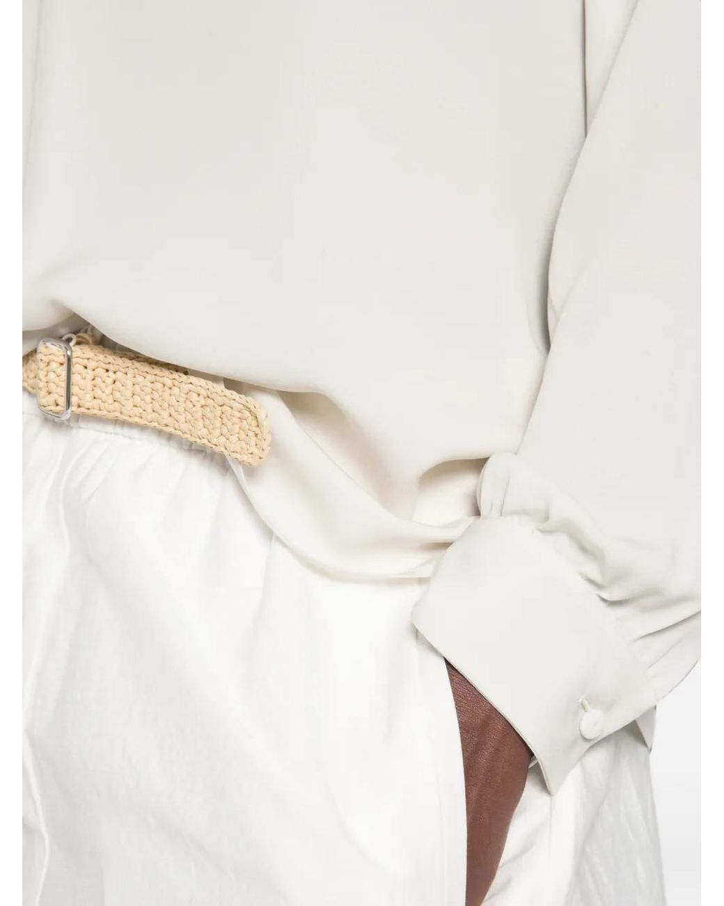 Giorgio Armani White Blouse En Soie À Col Montant Et Liens À Nouer Au Dos