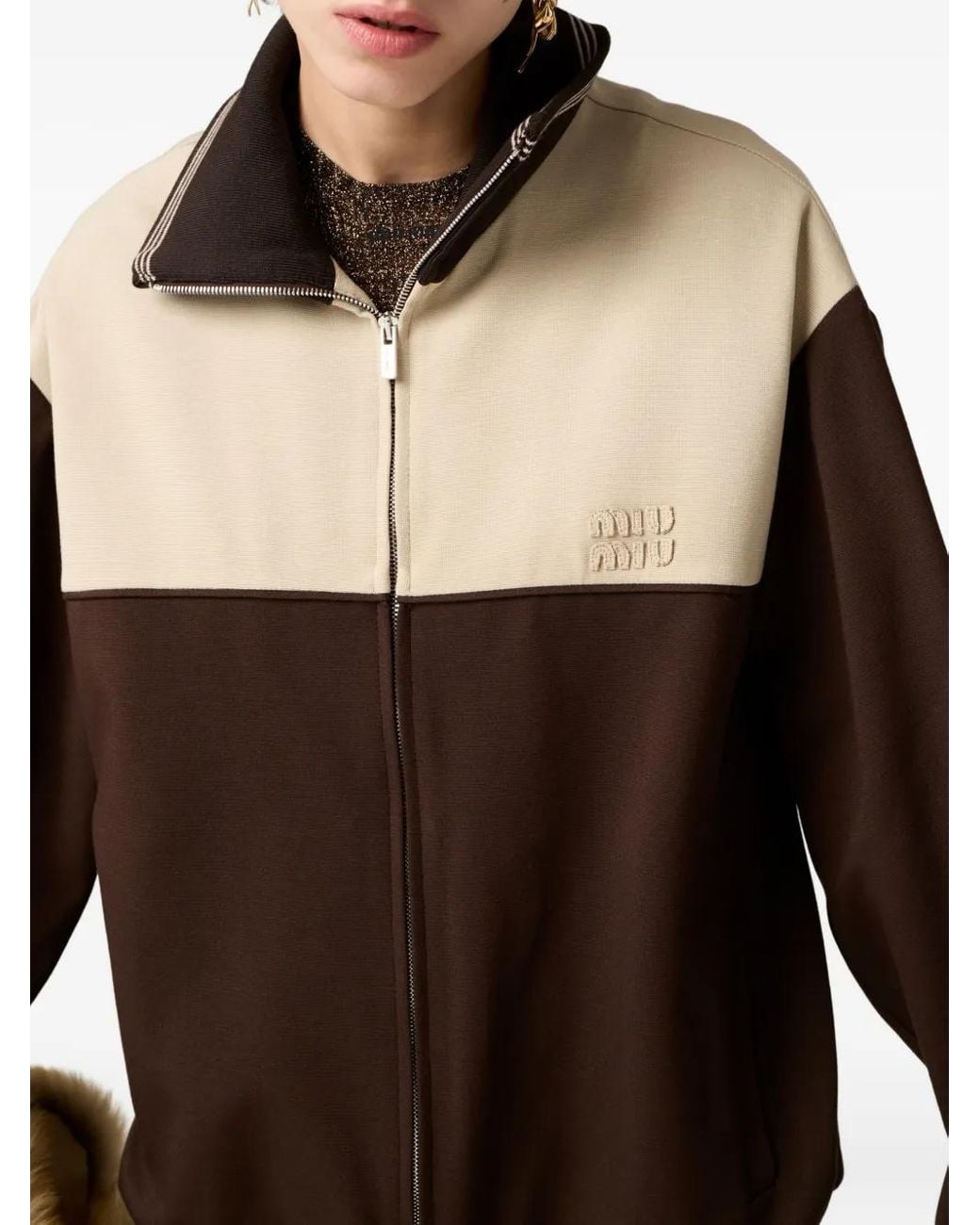 Miu Miu Brown Knitted-Cuffs Zip-Front Sweatshirt