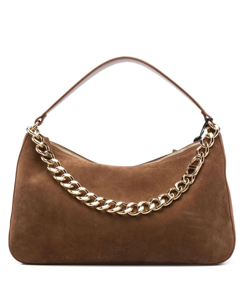 Twinset Brown Liliane Chain-Embellished Suede Shoulder Bag