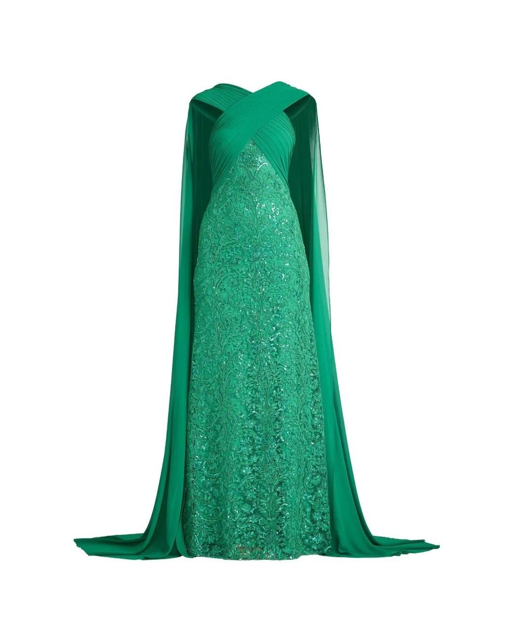 Tadashi Shoji Green Sequin-Embellished Cape-Sleeve Dress