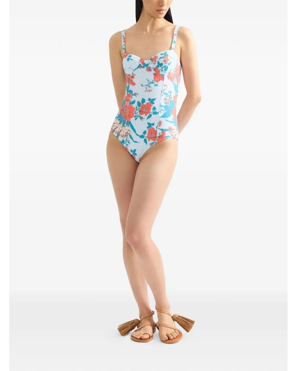 Erdem Blue Floral-Print Moulded-Cup Swimsuit