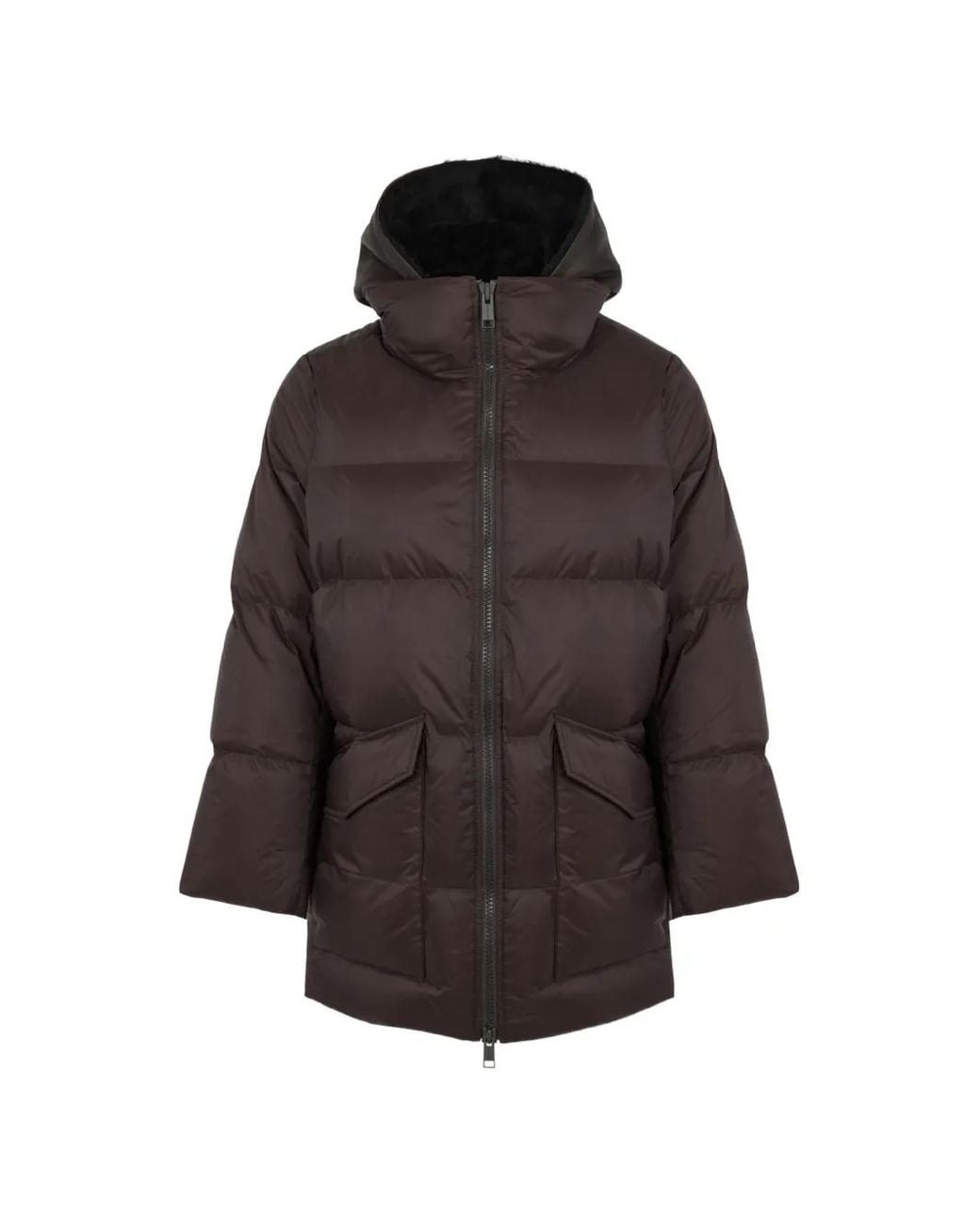 Yves Salomon Brown A-Line Shearling-Panel Down Coat