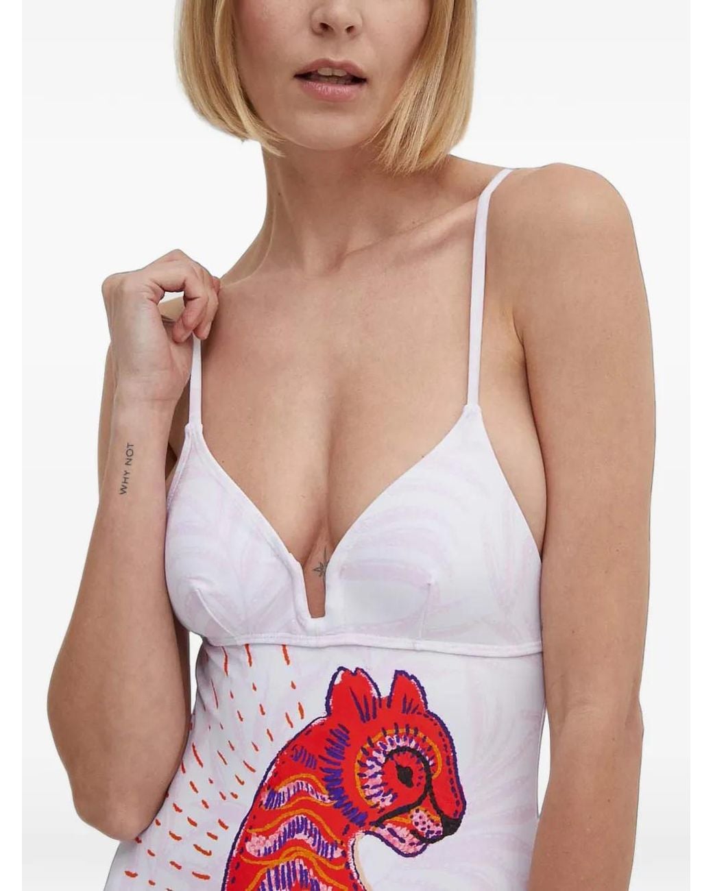 Desigual White Strappy Cat Graphic-Print V-Neck Swimsuit