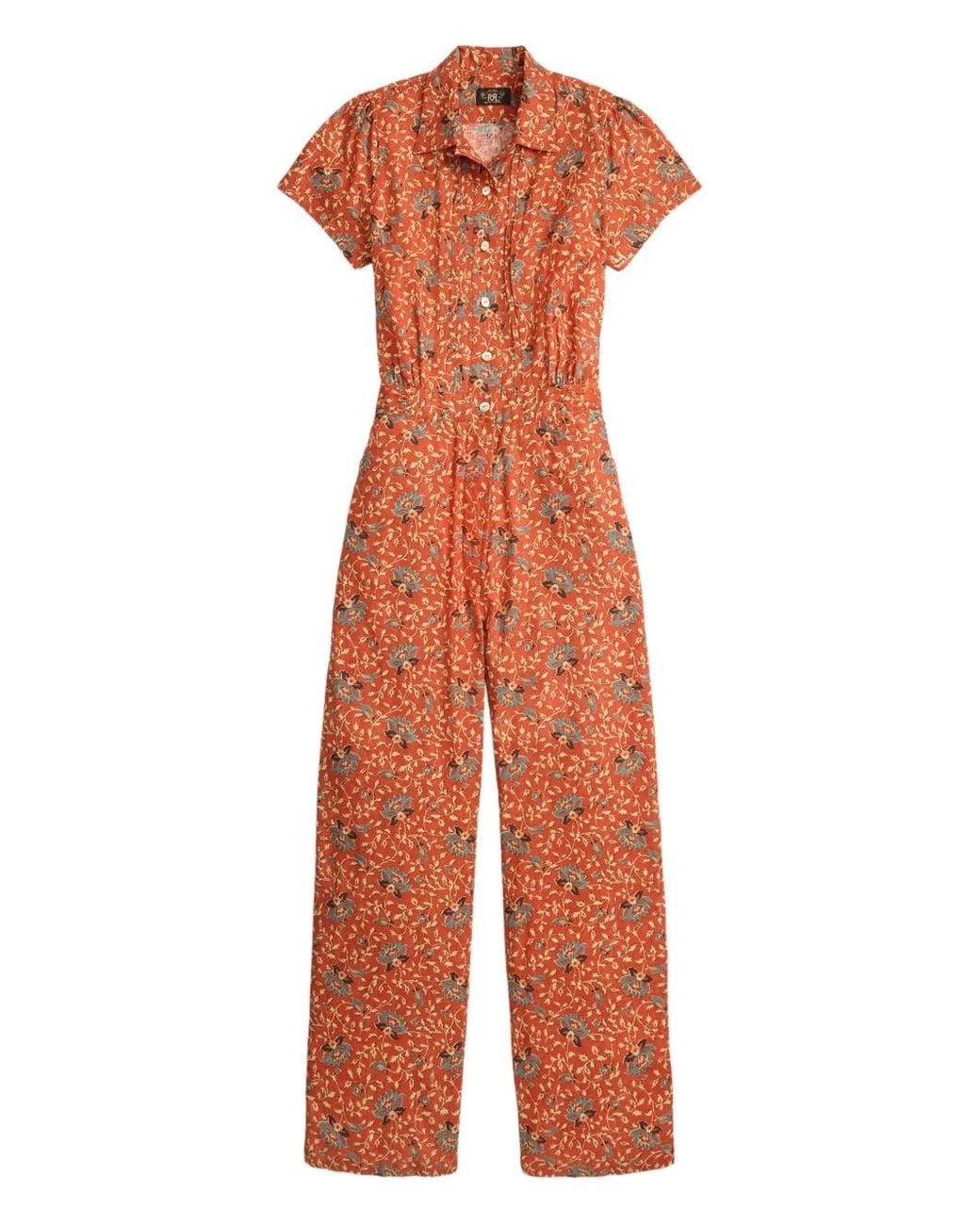 RRL Orange Floral-Print Jumpsuit