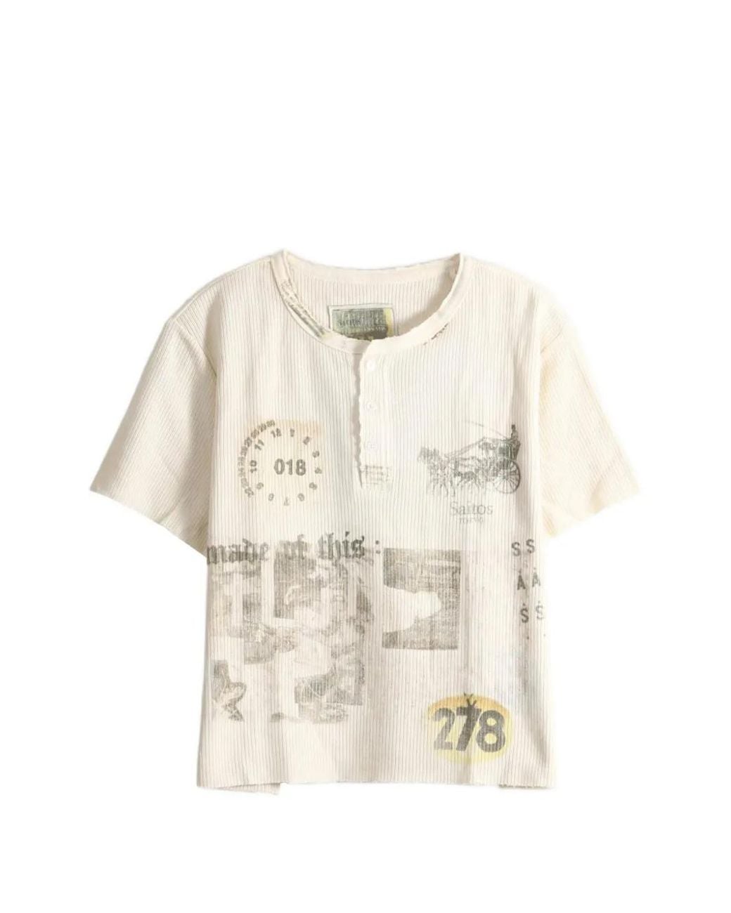 SAITOS White Graphic-Print Waffle-Knit Henley T-Shirt