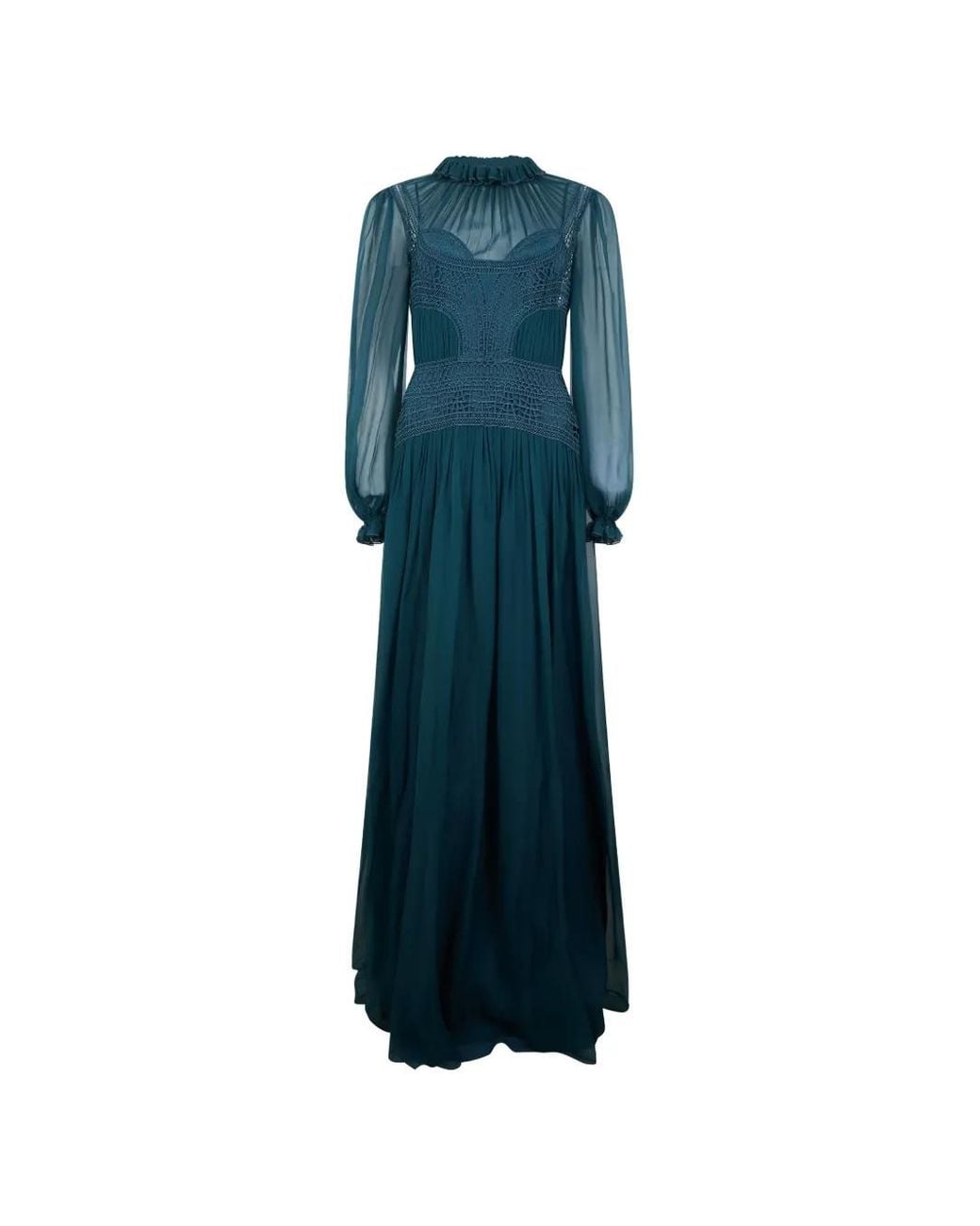 Alberta Ferretti Blue Crochet-Knit Ruffled-Cuff Maxi Dress