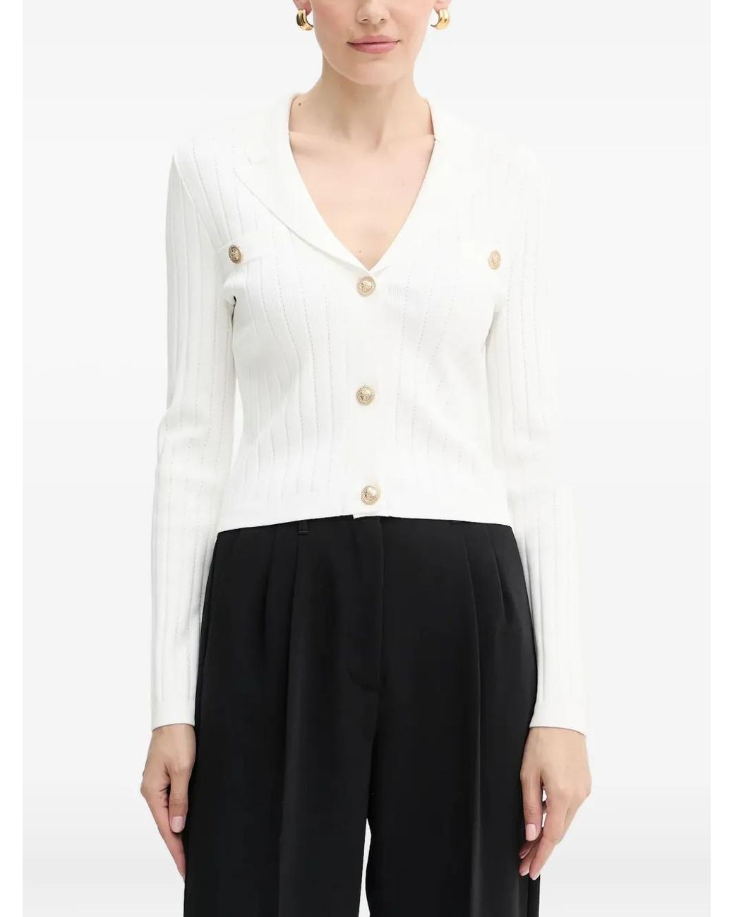 Guess White Ribbed Buttoned Cardigan