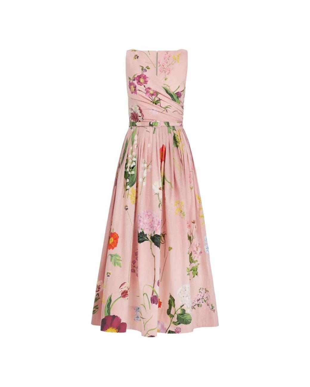 Oscar de la Renta Pink Mixed Botanical Cotton Poplin Draped Dress