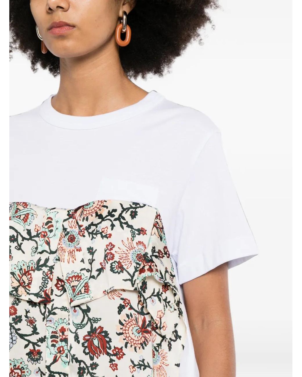 Sacai White T-Shirt Volanté À Fleurs