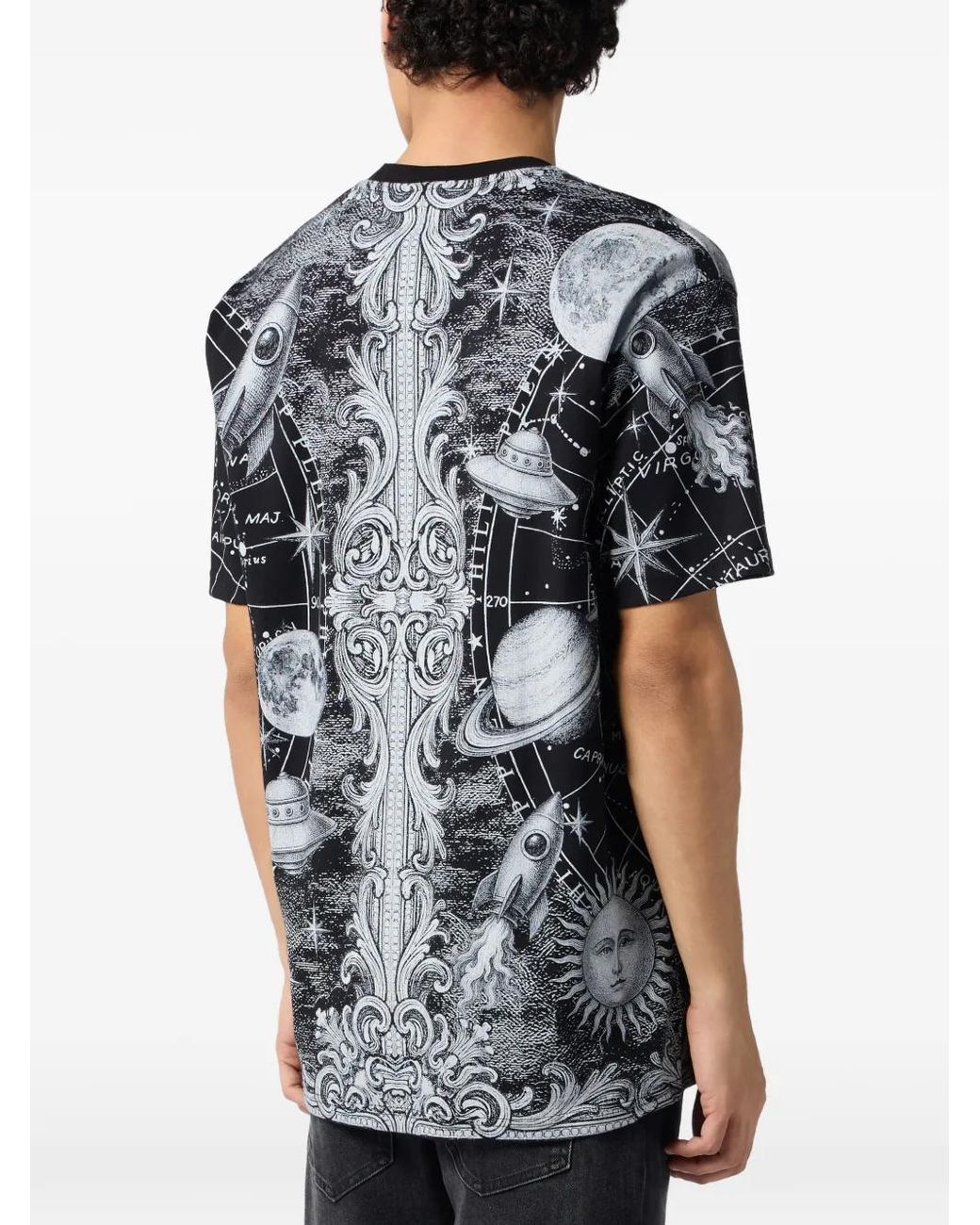 Philipp Plein Black Round Neck T-Shirt All-Over Zodiac for men