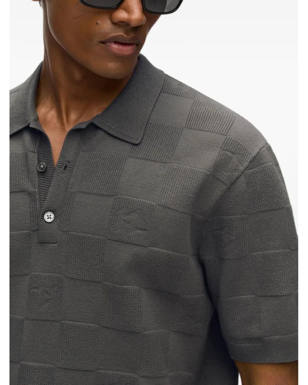 Karl Lagerfeld Gray Monogram Checked Polo Shirt for men