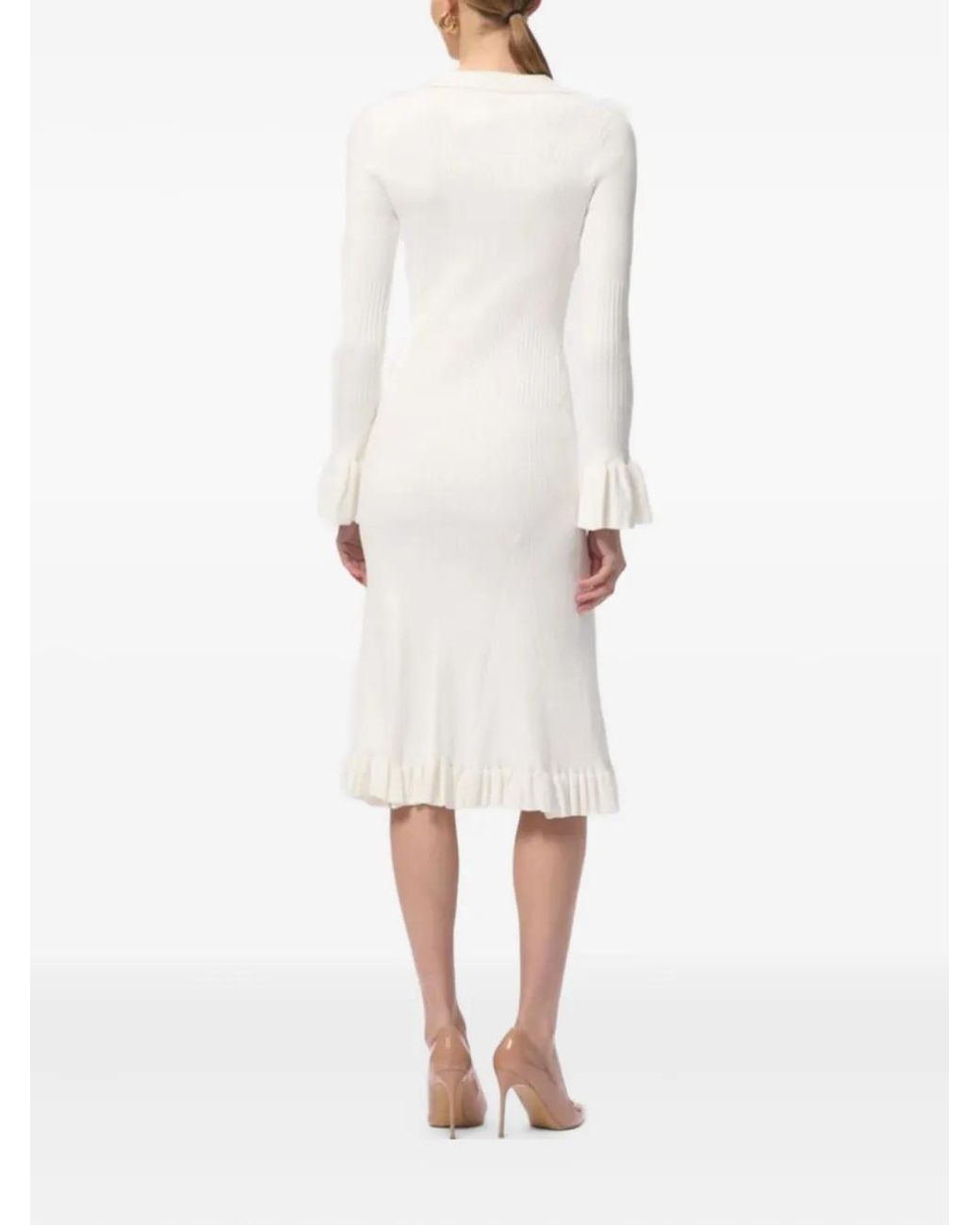 Hervé Léger White Robe Mi-Longue Hallie À Volants