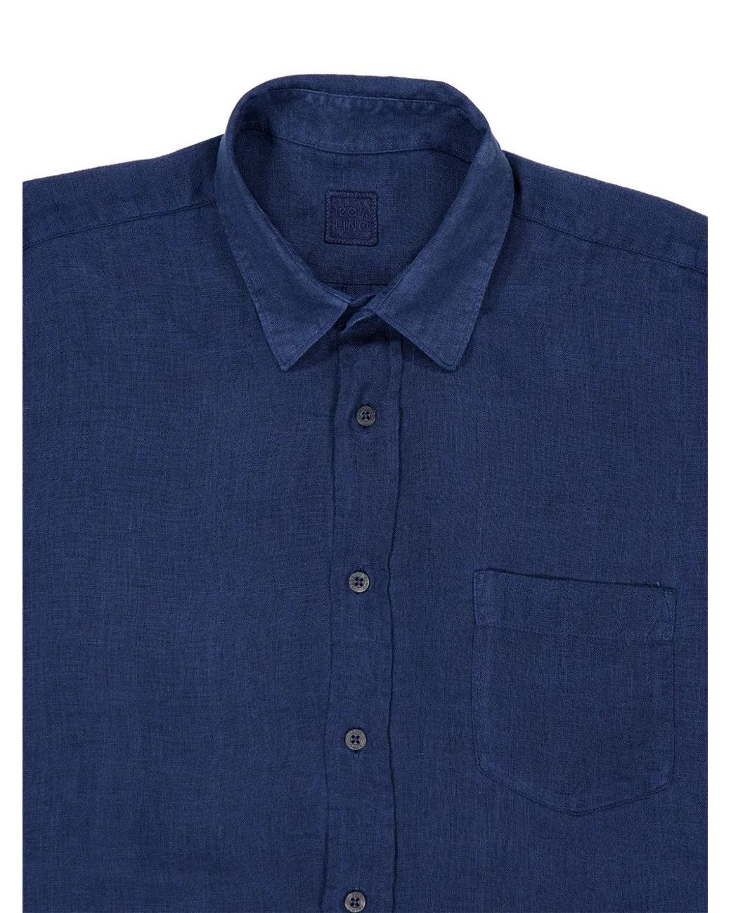 120% Lino Blue Chemise En Soie À Poche Poitrine for men