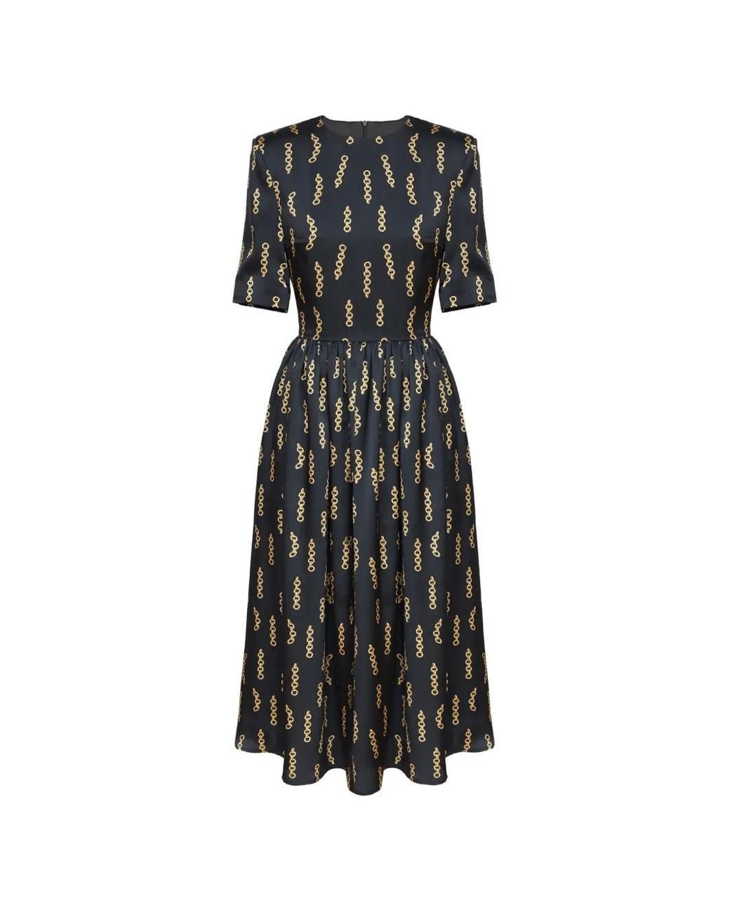 POST MERIDIEM Black Chain-Print Gathered Midi Dress